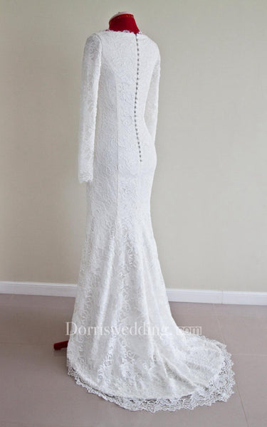 Lace Bateau Neck Long Sleeve Mermaid Wedding Dress With Buttoned Back