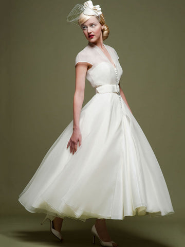 Ankle-Length A-Line Ribboned V-Neck Cap Sleeve Tulle Wedding Dress