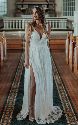 Casual Sexy V-neck Lace Sleeveless A Line Floor-length Wedding Dress with Split Front and V Back