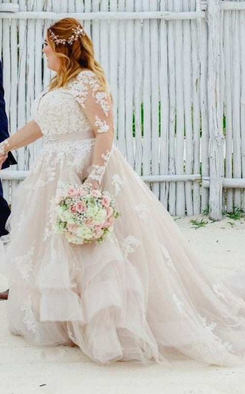 Romantic Plus Size Brush Train Long Sleeve Lace A Line Wedding Dress w DorrisDress Romantic Plus Size Brush Train Long Sleeve Lace A Line Wedding Dress w DorrisDress