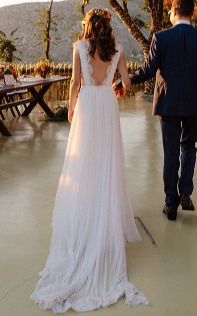 Greek A-Line Plunging Neckline Chiffon Lace Wedding Dress With Open Ba DorrisDress Greek A-Line Plunging Neckline Chiffon Lace Wedding Dress With Open Ba DorrisDress