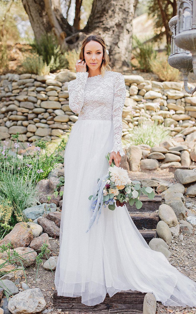 Long Sleeve Chiffon Tulle Lace Weddig Dress – DorrisDress