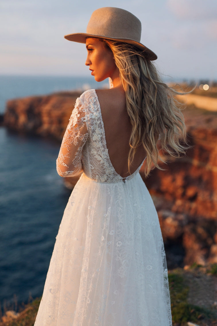 A-line Long Sleeve Plunging Neckline Lace Wedding Dress with Deep V-ba   DorrisDress