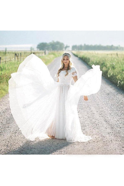 Boho A-line Short Sleeve Lace Appliques Bodice Tulle Wedding Dress