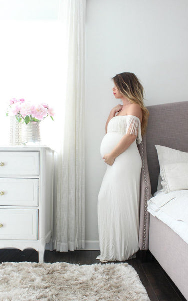 Maxi White Pregnant Fringe Gown