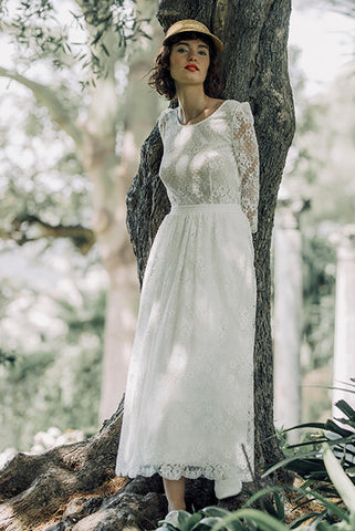 Long Sleeve Vintage Tea-length Lace Wedding Dress With Scoop Neck And V-back