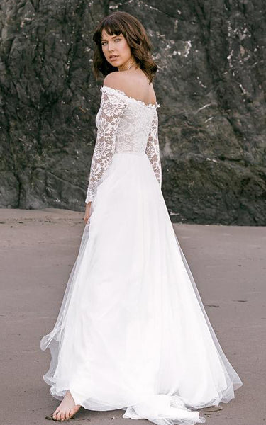 Simple Off-the-shoulder A Line Lace Tulle Long Sleeve Floor-length Wedding Dress with Sweep Train