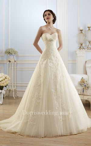 A-Line Long Sweetheart Sleeveless Lace-Up Lace Tulle Dress With Appliques And Waist Jewellery