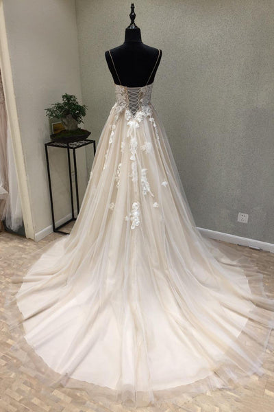 Sexy Garden Style Tulle A-line Spaghetti Sleeveless Corset Back Wedding Dress