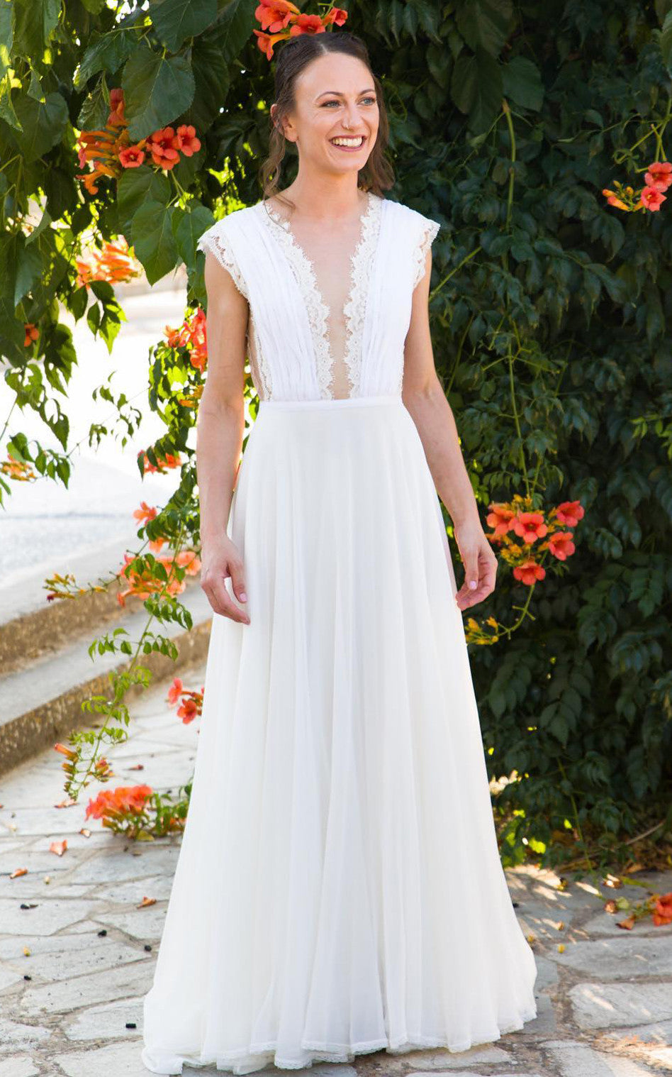 Greek A-Line Plunging Neckline Chiffon Lace Wedding Dress With Open Back And Pleats