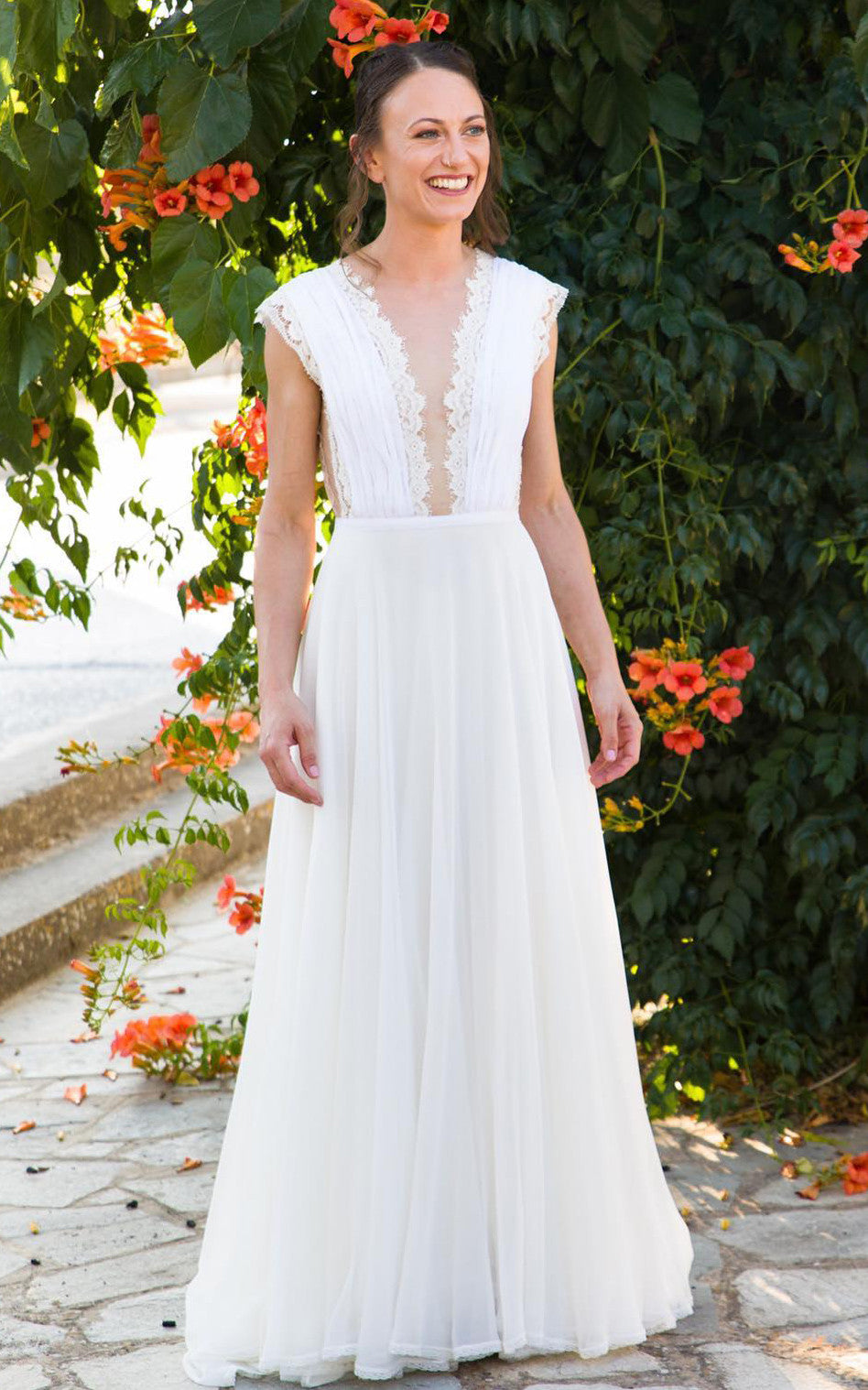 Greek A-Line Plunging Neckline Chiffon Lace Wedding Dress With Open Ba DorrisDress Greek A-Line Plunging Neckline Chiffon Lace Wedding Dress With Open Ba DorrisDress