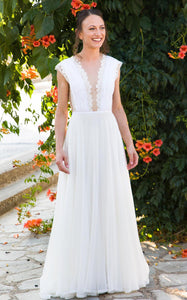 Greek A-Line Plunging Neckline Chiffon Lace Wedding Dress With Open Back And Pleats