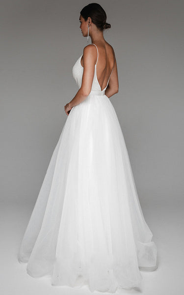 Casual A Line Spaghetti V-neck Tulle Wedding Dress with Sash