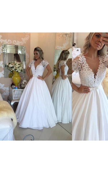 Elegant Short Sleeve 2018 Wedding Dresses A-Line Lace Appliques With Pearls