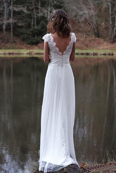 Ethereal A Line Chiffon and Pleated Lace V Neck Wedding Dress