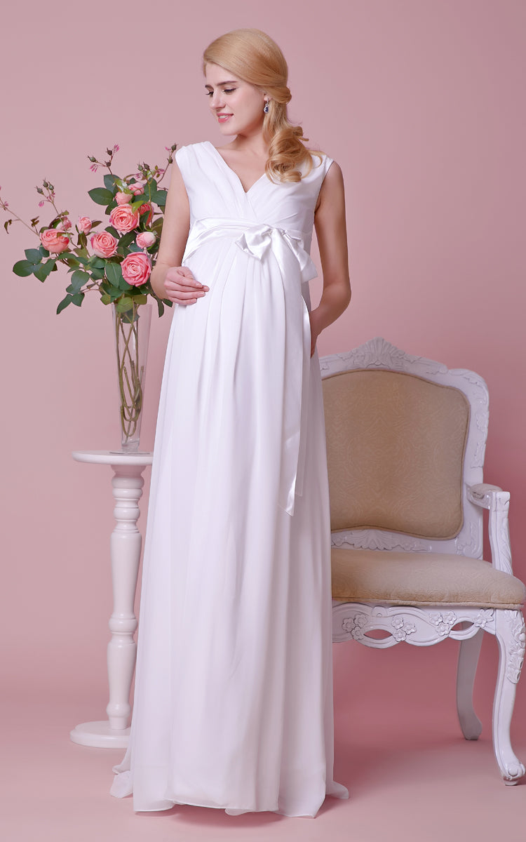 Chiffon V-Neckline Satin Bow A-Line Gorgeous Gown