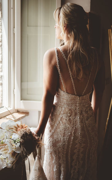 V-neck Mermaid Lace Bohemian Beach Wedding Dress With Open Back And Appliques