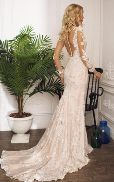 Modest Jewel Mermaid Floor-length Sweep Train Long Sleeve Wedding Dress With Appliques