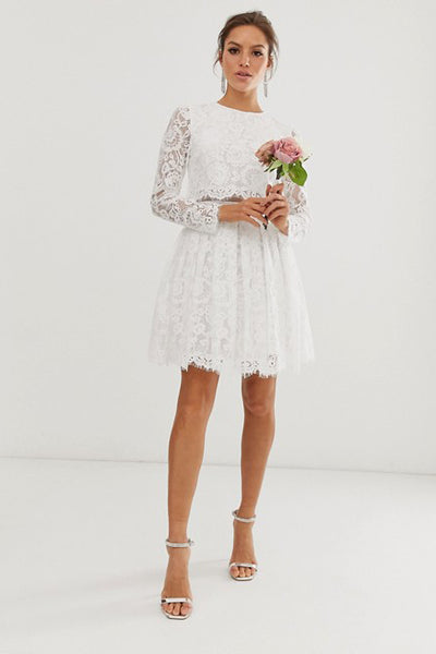 Chic Two Piece Long-sleeve Short Lace Wedding Dress