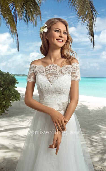 Mermaid Long Off-The-Shoulder Cap-Sleeve Lace-Up Lace Dress With Sash And Appliques