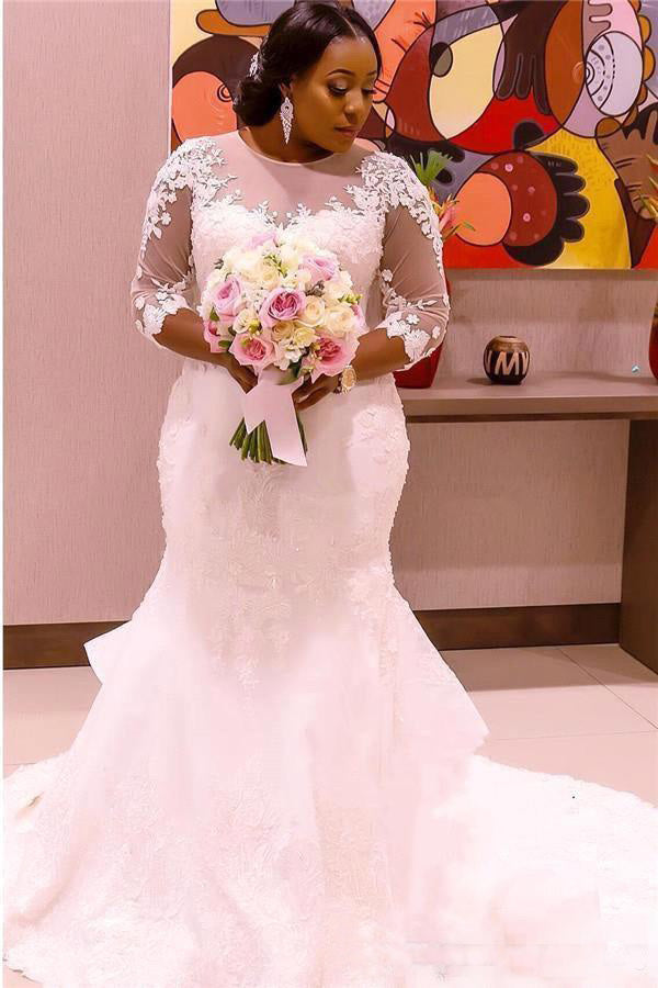 Plus Size Sheer 3-4 Long Sleeves Lace Mermaid Wedding Dress-715408 DorrisDress Plus Size Sheer 3-4 Long Sleeves Lace Mermaid Wedding Dress-715408 DorrisDress