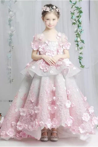 Floral Scoop-Neck Short Sleeve Tier Ball Gown Flower Girl Dress