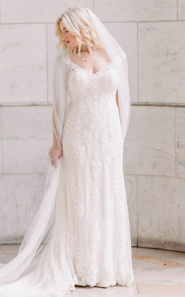 Casual Sheath Off-the-shoulder Lace Tulle Wedding Dress With Open Back And Appliques