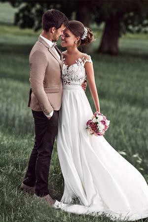 Lovely Simple Beach Lace Appliqued Cap Sleeves Chiffon Wedding Dress