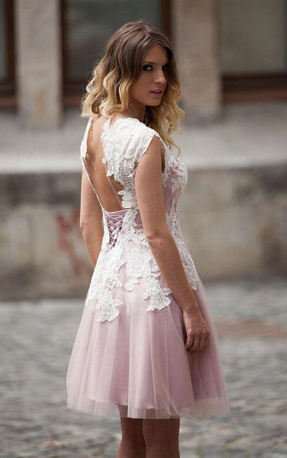 Cap Sleeve Lace And Tulle Short Prom Homecoming Dress-331860 DorrisDress Cap Sleeve Lace And Tulle Short Prom Homecoming Dress-331860 DorrisDress