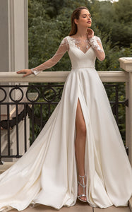 Modern Modest A-Line Illusion Long Sleeve Boho Wedding Dress Elegant Unique Beaded V-Neck Chapel Train Bridal Gown