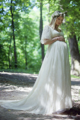 Country V-neck Short Sleeve Lace Pleated Maternity Wedding Dress