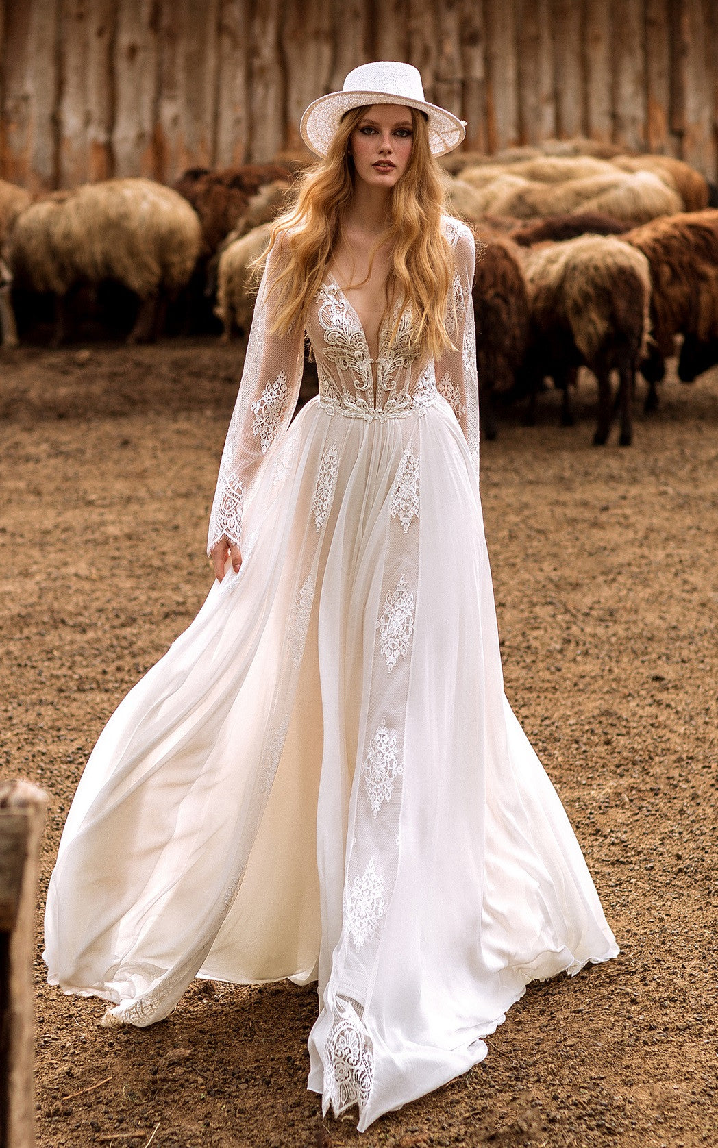 long sleeve tulle wedding dress Luxurious Lace Beading Long Sleeves A-Line Pleated Tulle Wedding Dresses, White-Nude / 18