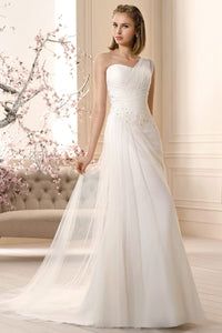 Sleeveless Long One-Shoulder Ruched Tulle Wedding Dress With Appliques