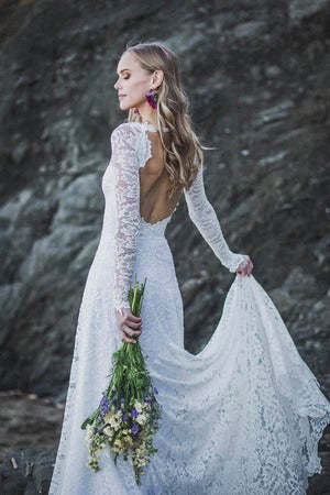 Elegant A-Line Lace Long Sleeve Wedding Gown With V-Neck And Keyhole Back-715743 Elegant A-Line Lace Long Sleeve Wedding Gown With V-Neck And Keyhole Back-715743