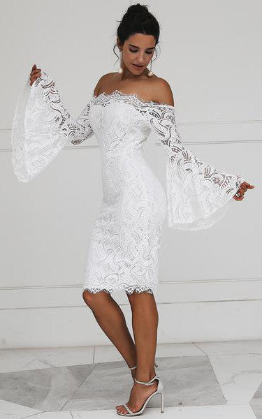 Casual Pencil Knee-length Lace Off-the-shoulder Long Sleeve Wedding Dress