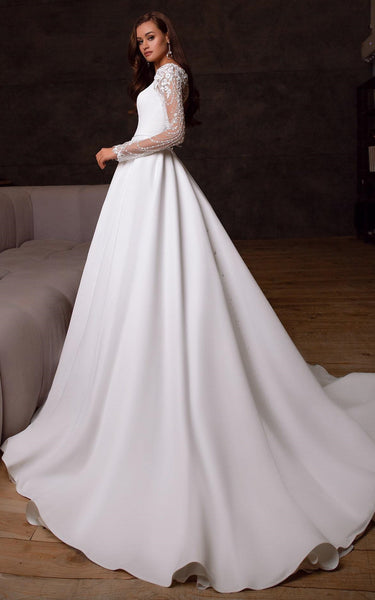 Modern A Line Square Neck Satin Corset Back Wedding Dress with Beading