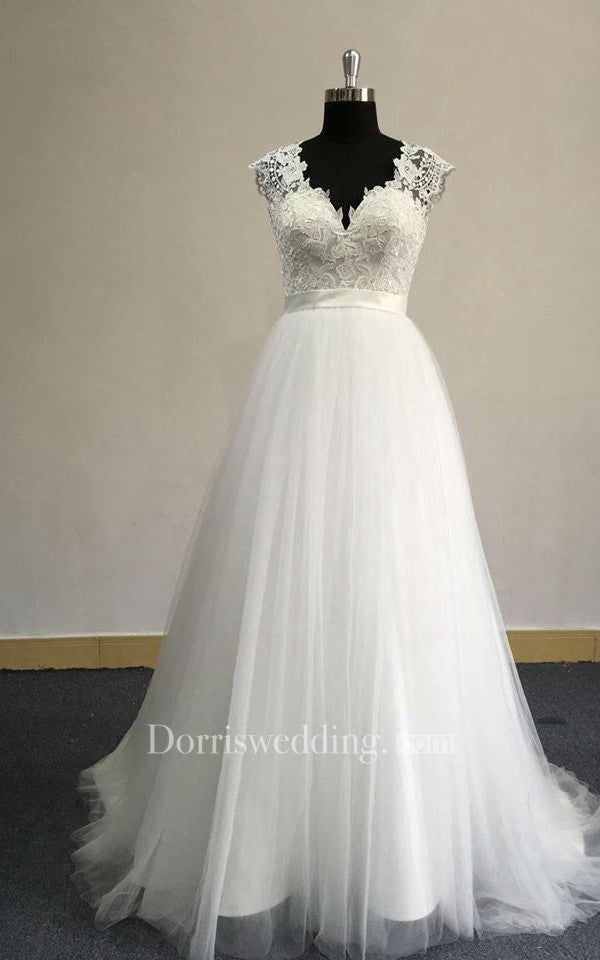 V-Neck Cap Sleeve A-Line Tulle Dress With Satin Sash and Lace Bodice