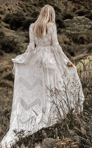 V-neck A-Line Lace Bohemian Wedding Dress Simple Casual Sexy Adorable Country With Illusion Back And Illusion Long Sleeves 