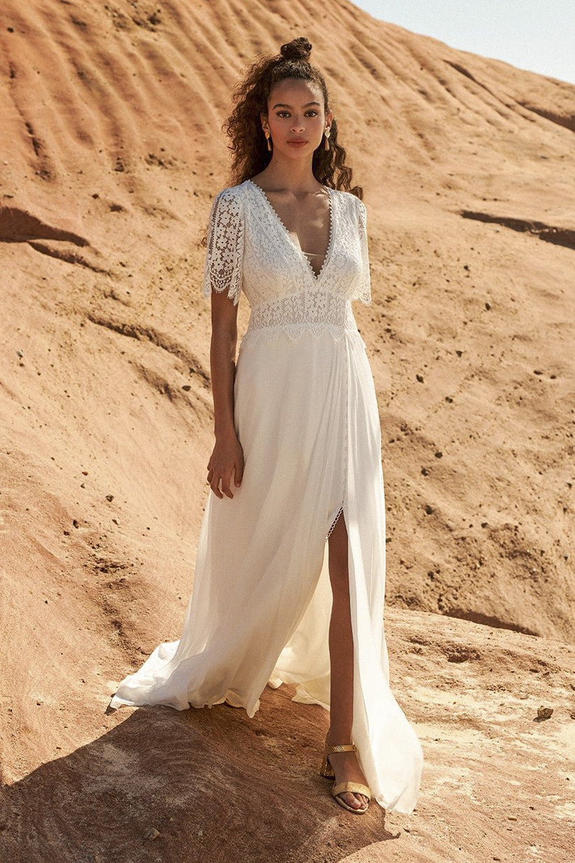 Front Split Plunging Half Sleeve Bohemian Lace And Chiffon Wedding Dress With Open Back