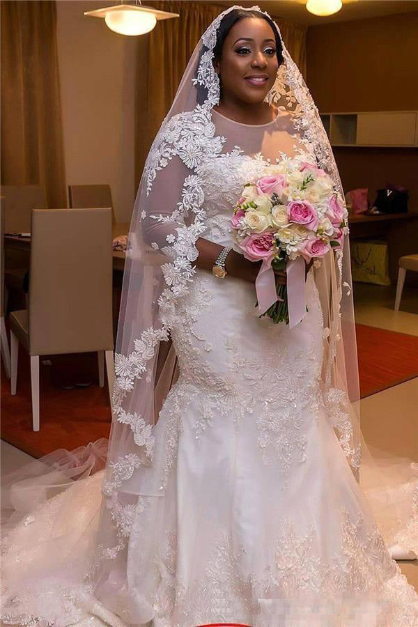 Plus Size Sheer 3-4 Long Sleeves Lace Mermaid Wedding Dress-715408 DorrisDress Plus Size Sheer 3-4 Long Sleeves Lace Mermaid Wedding Dress-715408 DorrisDress