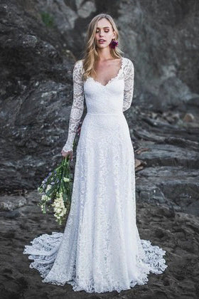 Elegant A-Line Lace Long Sleeve Wedding Gown With V-Neck And Keyhole B DorrisDress Elegant A-Line Lace Long Sleeve Wedding Gown With V-Neck And Keyhole B DorrisDress