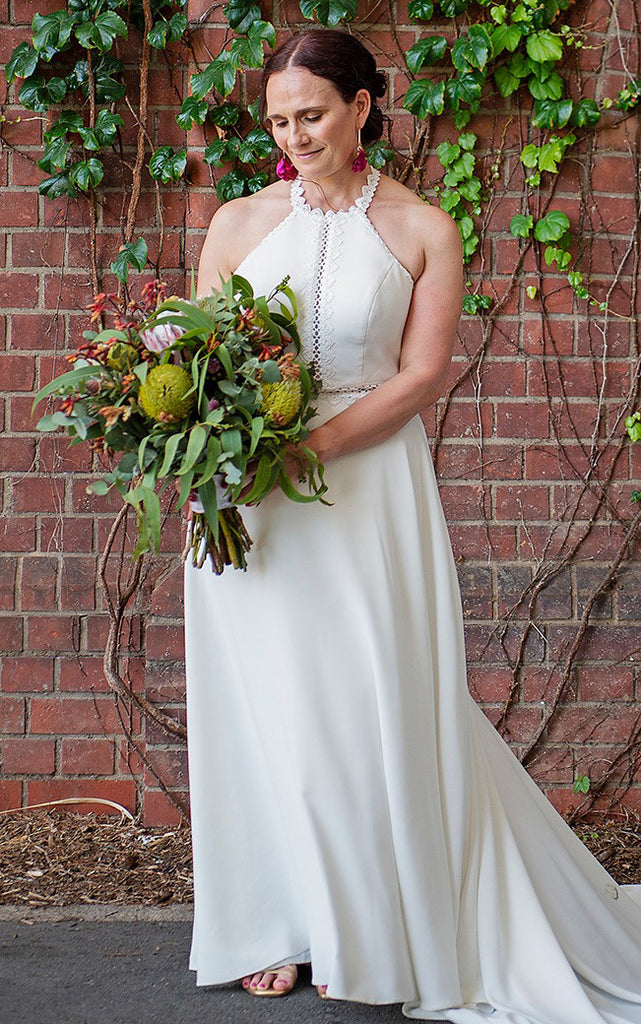 Bohemian Halter Neckline A-Line Satin Wedding Dress With Button Back A DorrisDress Bohemian Halter Neckline A-Line Satin Wedding Dress With Button Back A DorrisDress