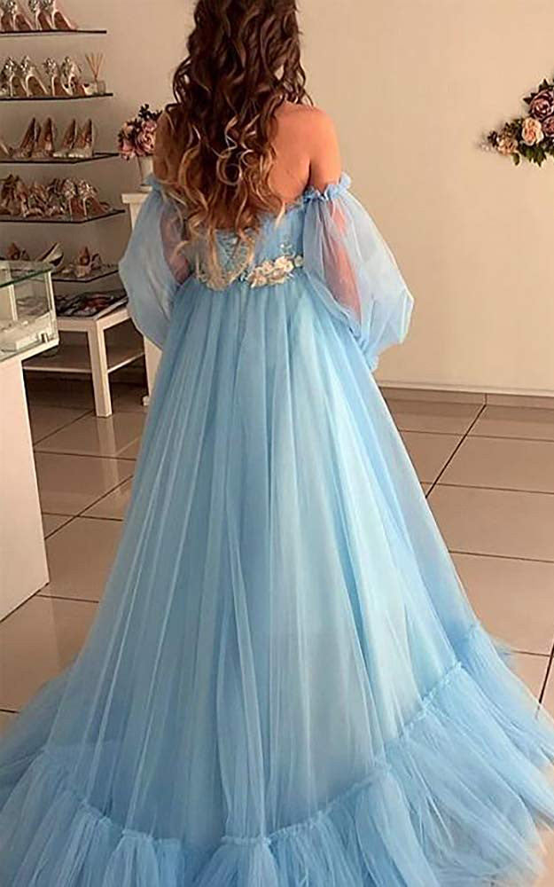 Tulle Floor-length Brush Train Ball Gown Long Sleeve Ethereal Prom Dre –  DorrisDress