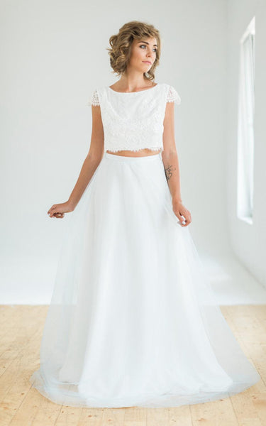 Crop Top Two Piece Wedding With Lace Top And Flowing Blue Skirt Dress