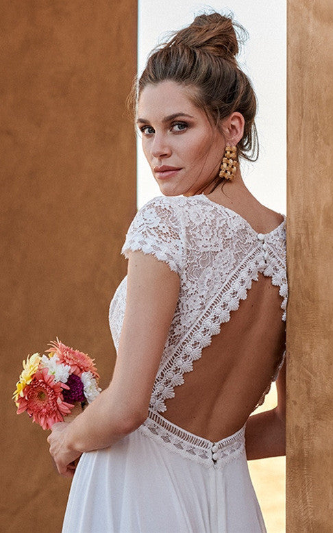 Casual A-Line Lace Chiffon V-neck Wedding Dress with Split Front-71646   DorrisDress