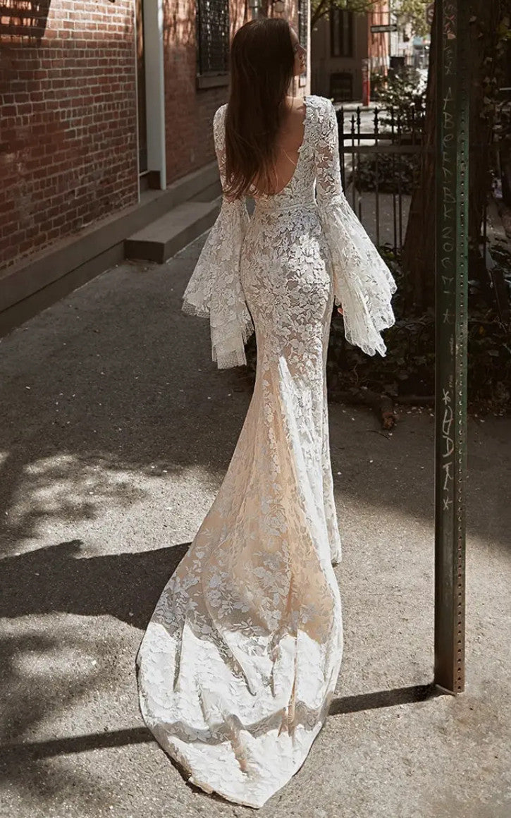 Floral Elegant Mermaid Long Bell Sleeve Bohemian Wedding Dress Bateau –  DorrisDress