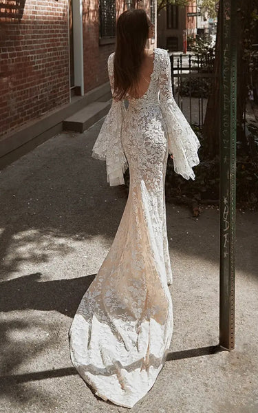 Floral Elegant Mermaid Long Bell Sleeve Bohemian Wedding Dress Bateau Neckline Backless Bridal Gown with Train