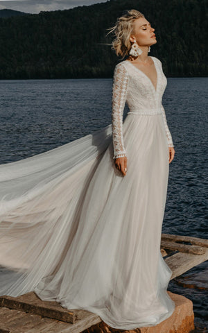 Casual A-Line Tulle Wedding Dress With Illusion Long Sleeves And Open Back 