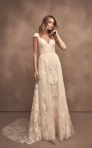 2023 A-Line Tulle Lace Sleeveless Wedding Dress with Train V-neck V Back Country Garden Simple Sexy Elegant