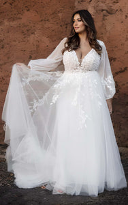Floral Plus Size Sweep Train A-Line Long Sleeves Plunging Wedding Dress with and Appliques